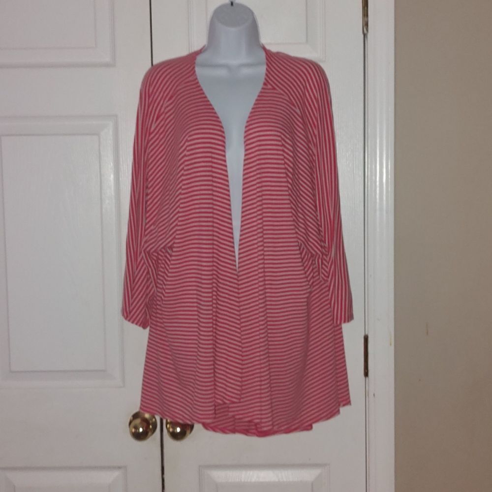 LulaRoe coral off white striped kimono coverup open front cardigan  Sz L